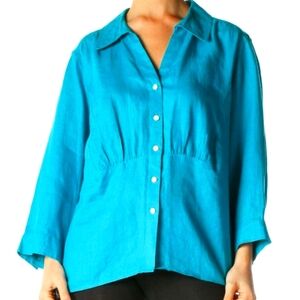 Talbots (Turquoise) Pure Irish Linen Button Down Front Empire Waist Blouse